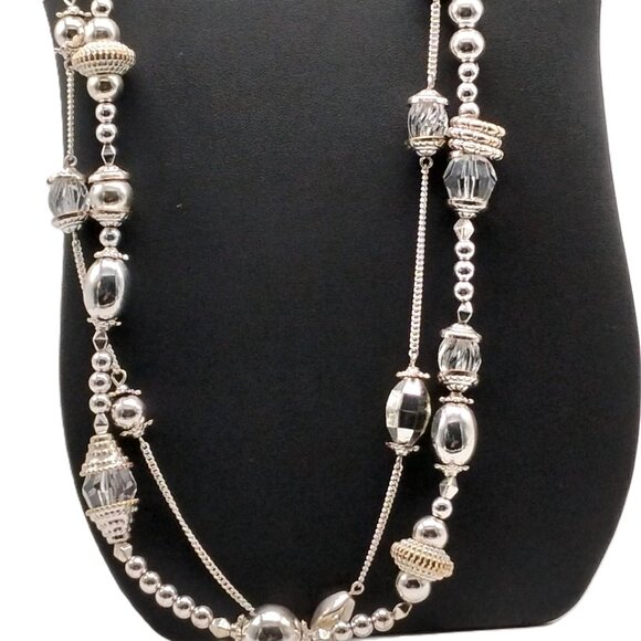 Silver-Tone Double-Strand Beaded Long Chain Necklace 38" - Boho Statement - Picture 9 of 16